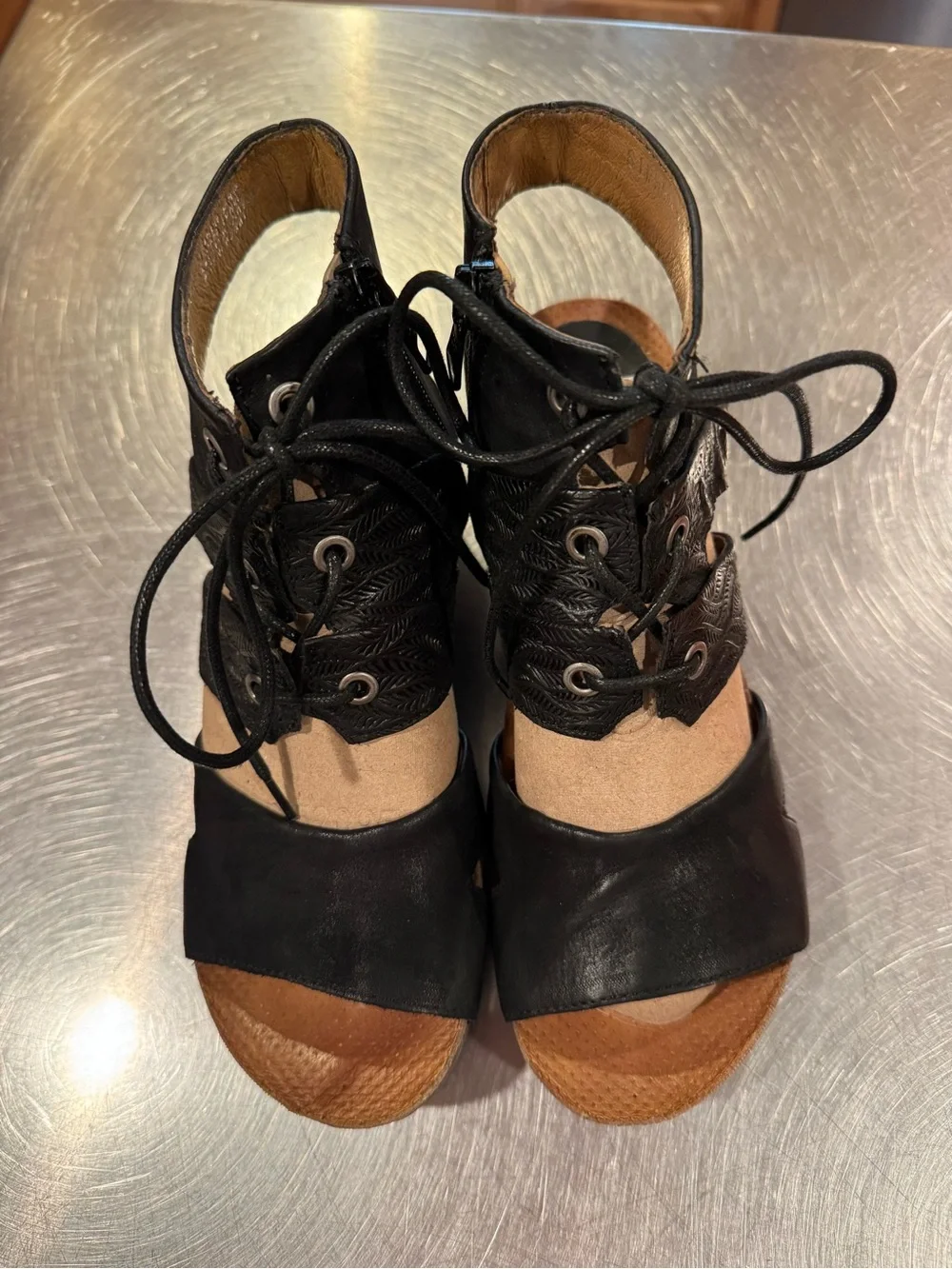 Miz Mooz Black Open-Toe Lace-Up Wedge Sandals